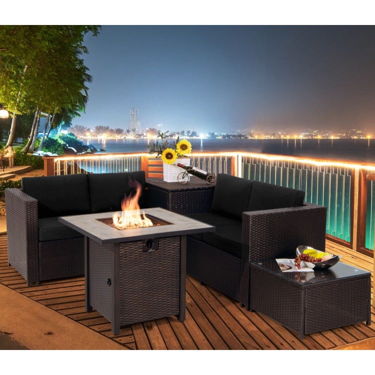 5-Piece Patio Furniture Set with 30 Inches Gas Fire Pit Table Outdoor PE Wicker Sofa Set
