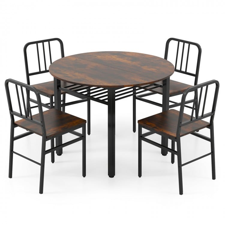 5-Piece Round Dining Table Set with Storage Shelf for Dining Room-Rustic Brown