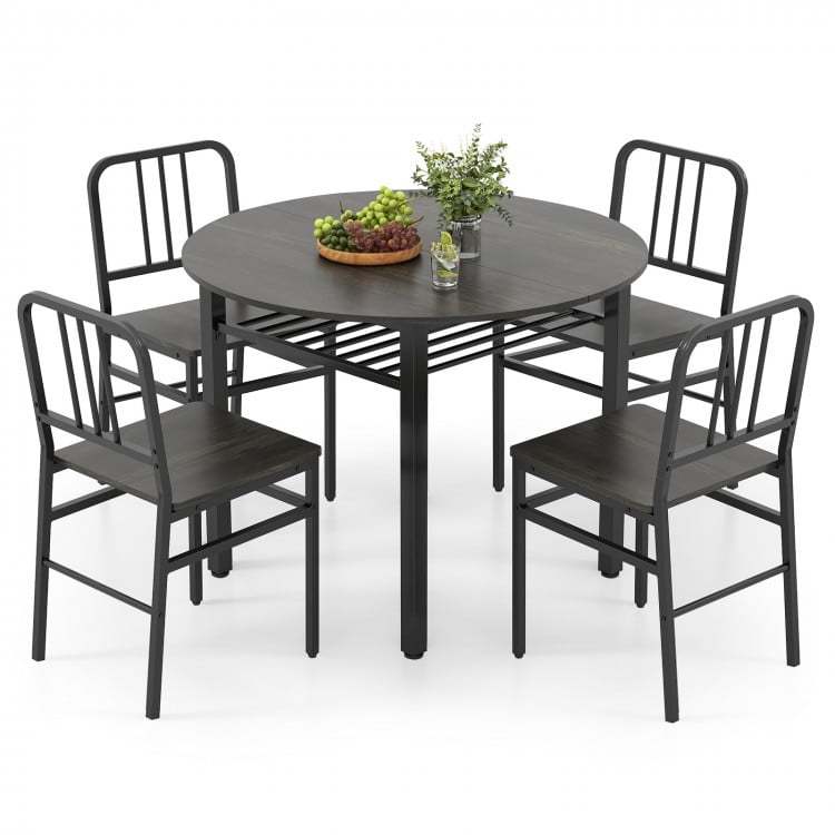 5-Piece Round Dining Table Set with Storage Shelf for Dining Room-Gray