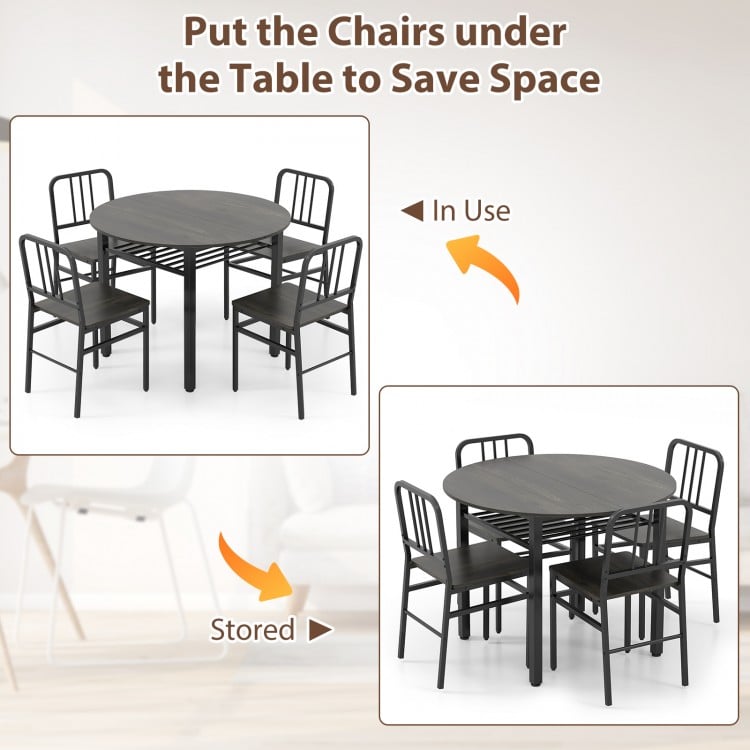 5-Piece Round Dining Table Set with Storage Shelf for Dining Room-Gray