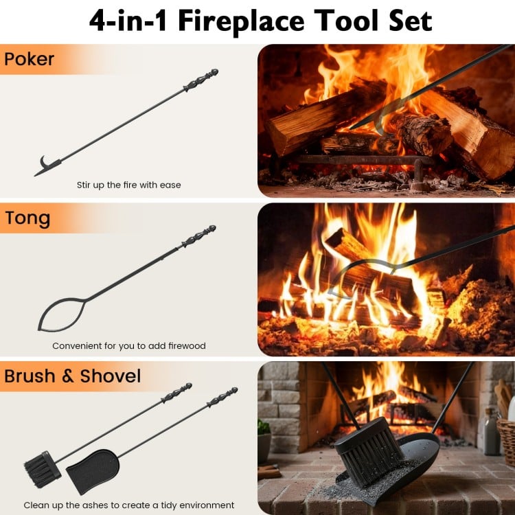 5-Pieces Fireplace Tool Set with Poker Tongs Brush Shovel and Round Stand