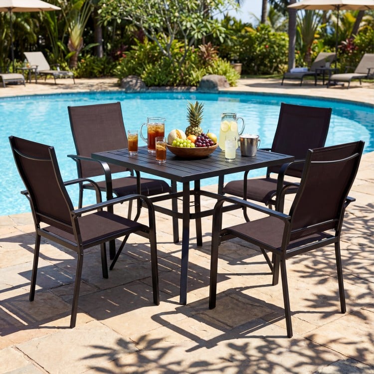5 Pieces Patio Dining Set for 4 Outdoor Square Table and Stackable Chairs-Brown