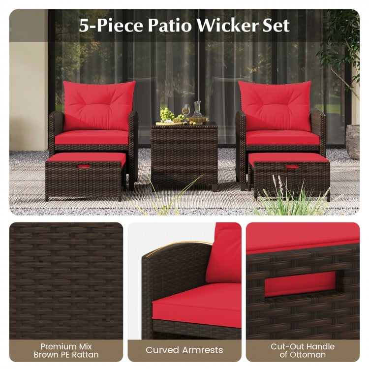 5 Pieces Patio Rattan Furniture with 2 Ottomans and Tempered Glass Coffee Table-Red