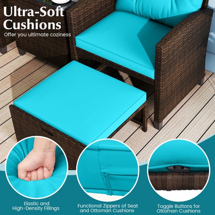 5 Pieces Patio Rattan Furniture with 2 Ottomans and Tempered Glass Coffee Table-Turquoise