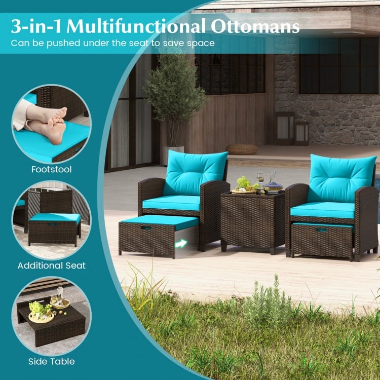 5 Pieces Patio Rattan Furniture with 2 Ottomans and Tempered Glass Coffee Table-Turquoise