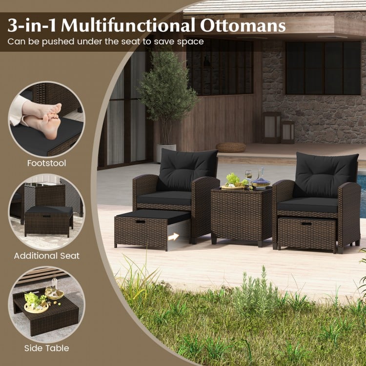 5 Pieces Patio Rattan Furniture with 2 Ottomans and Tempered Glass Coffee Table-Black