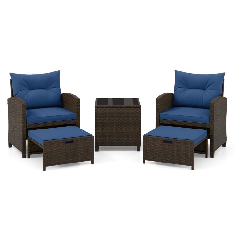 5 Pieces Patio Rattan Furniture with 2 Ottomans and Tempered Glass Coffee Table-Navy