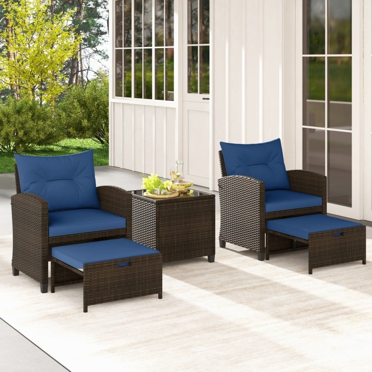 5 Pieces Patio Rattan Furniture with 2 Ottomans and Tempered Glass Coffee Table-Navy