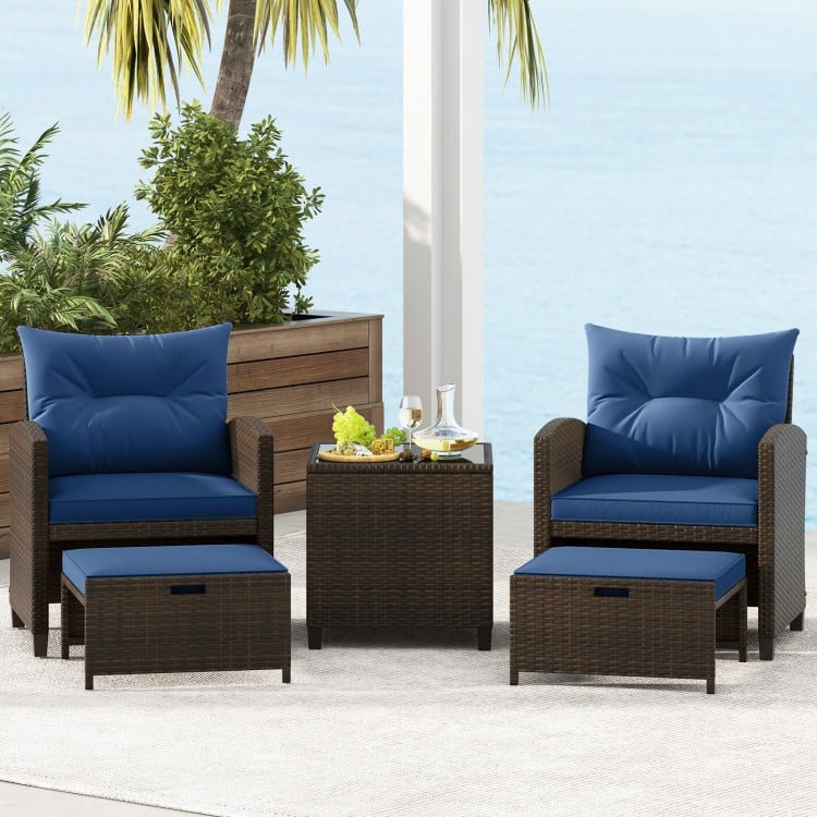 5 Pieces Patio Rattan Furniture with 2 Ottomans and Tempered Glass Coffee Table-Navy