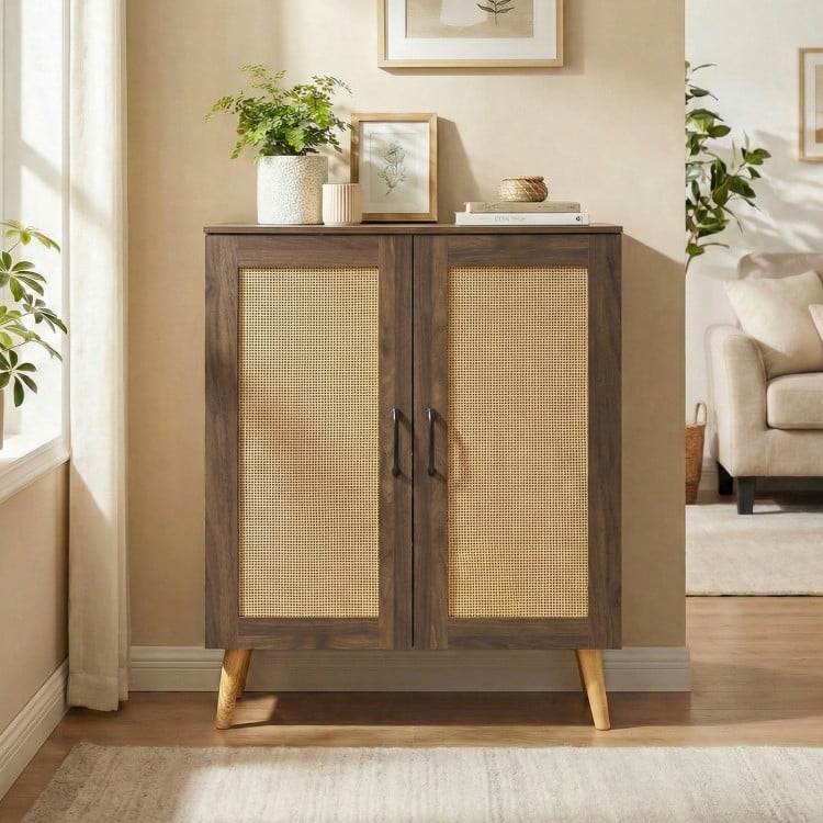 5-Tier Rattan Shoe Cabinet with 3 Removable Shelves-Walnut