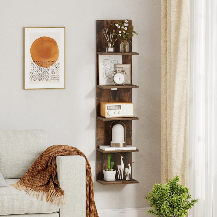5-Tier Wall Mounted Shelf Unit with Wood Grain-Rustic Brown