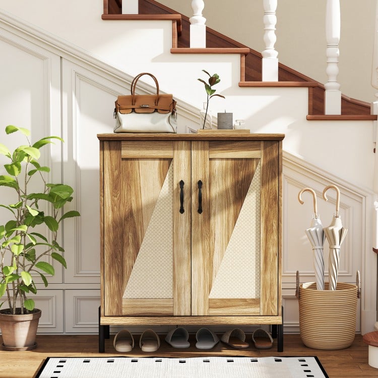 5-Tier Wooden Farmhouse Shoe Cabinet with Woven Rattan Doors-Natural