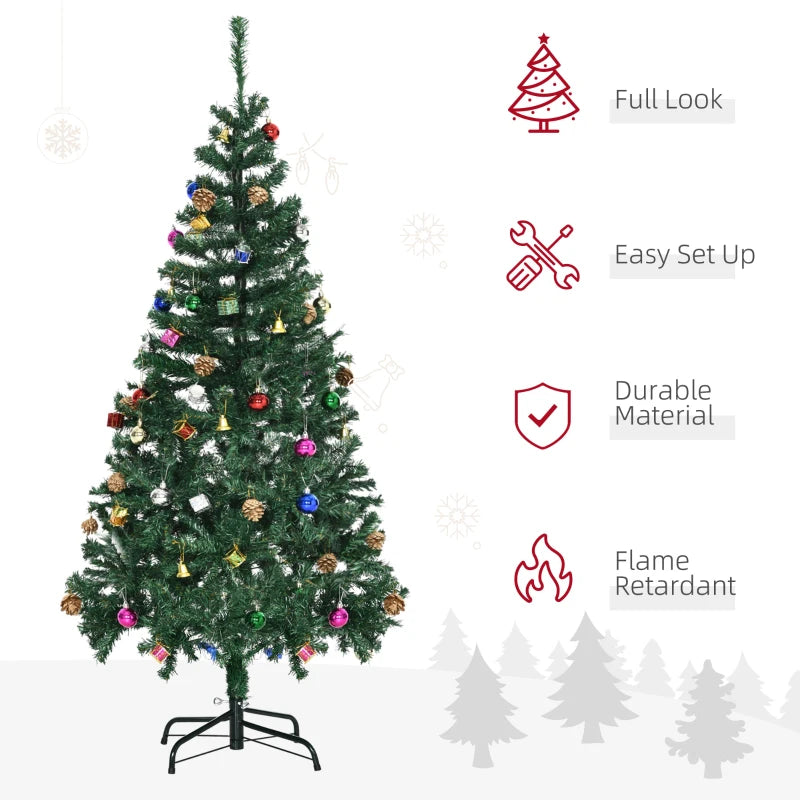 HOMCOM Green Artificial Christmas Tree with Ornaments, Holiday Xmas Decoration for Home, Office & Party