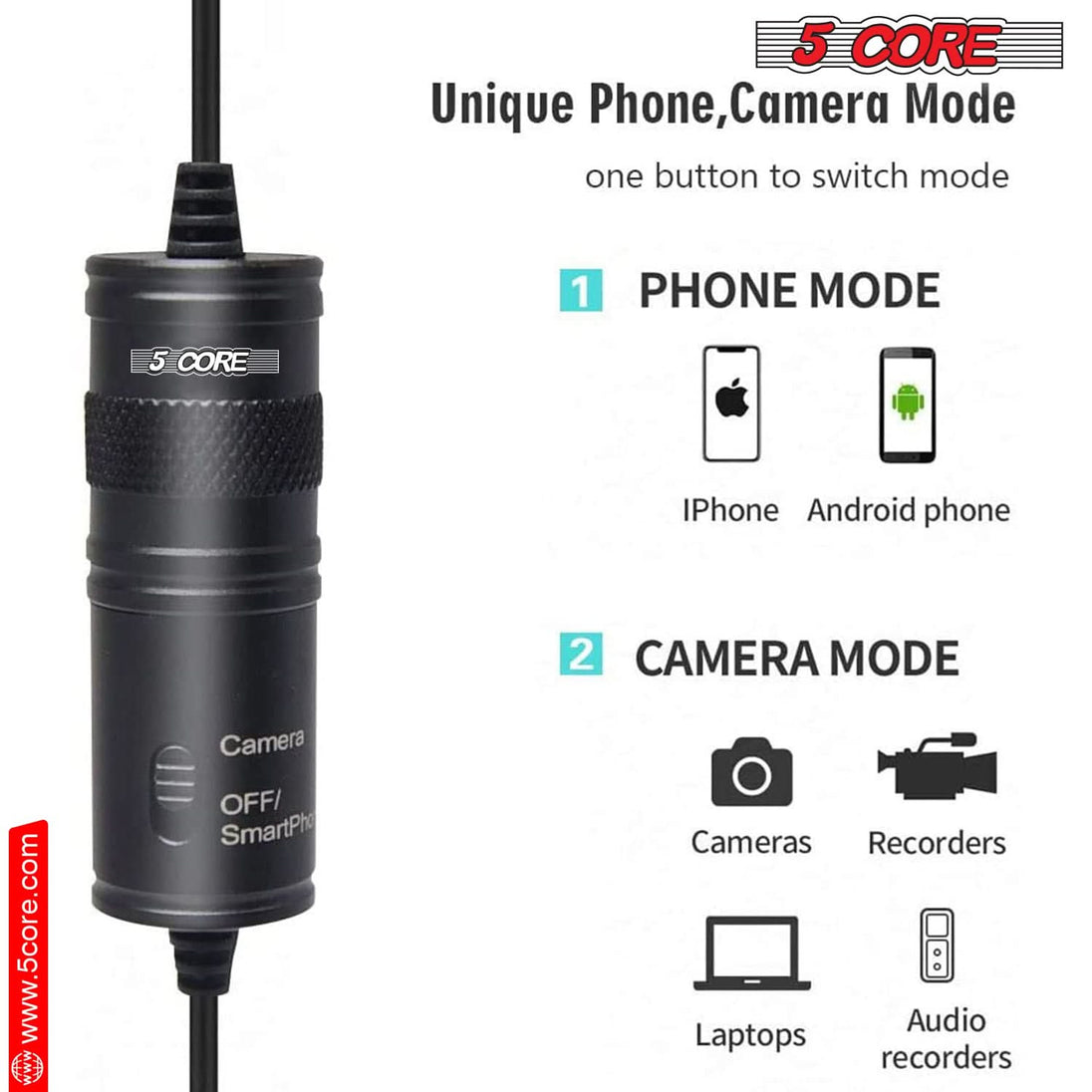 5Core Lavalier Microphone Clip On Professional Grade 3.5mm Lapel Mic Omnidirectional Lav Mic