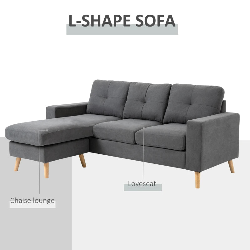 HOMCOM Sectional Sofa Couch, L Shaped Couch with Reversible Chaise, Wooden Legs for Living Room, Bedroom, Dark Grey