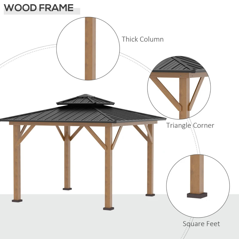 Outsunny 11' x 11' Wood Frame Hardtop Gazebo Galvanized Steel Canopy Outdoor Shelter with Double Vented Roof for Garden, Lawn, Poolside, Black