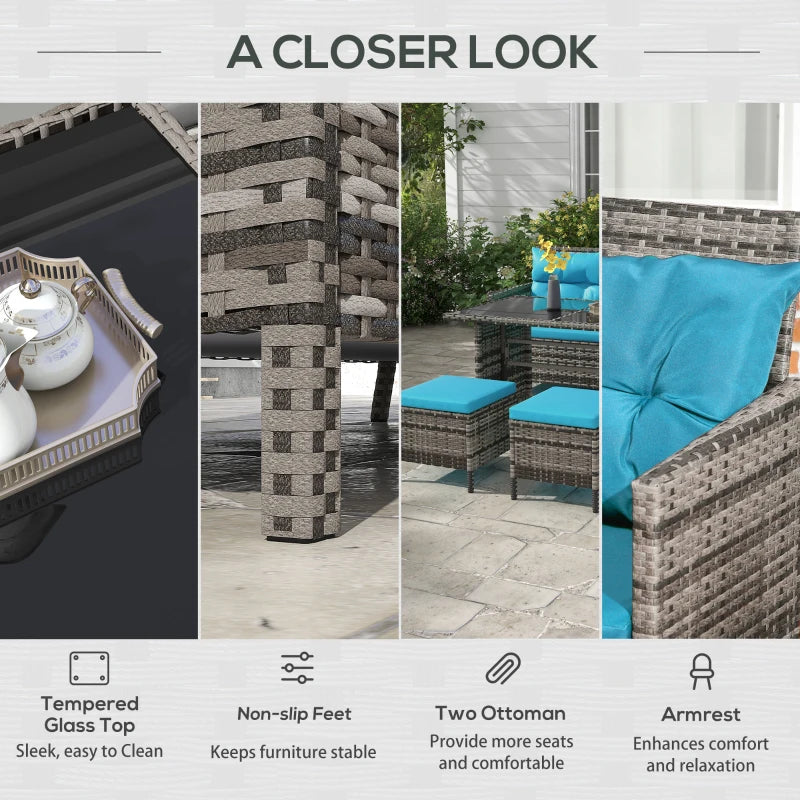 Outsunny 6pcs Outdoor Rattan Sofa Set Garden Wicker Sectional Couch Furniture Set with Dining Table and Chair Sky Blue