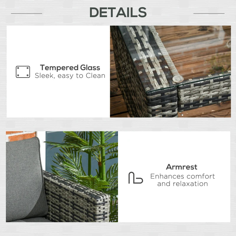Outsunny 6 Piece Rattan Garden Furniture Set, 8-Seater Outdoor Sofa Sectional with 3 Loveseat Wicker Sofa with Cushions, 2 Footstools and Glass Table for Yard, Poolside, Grey