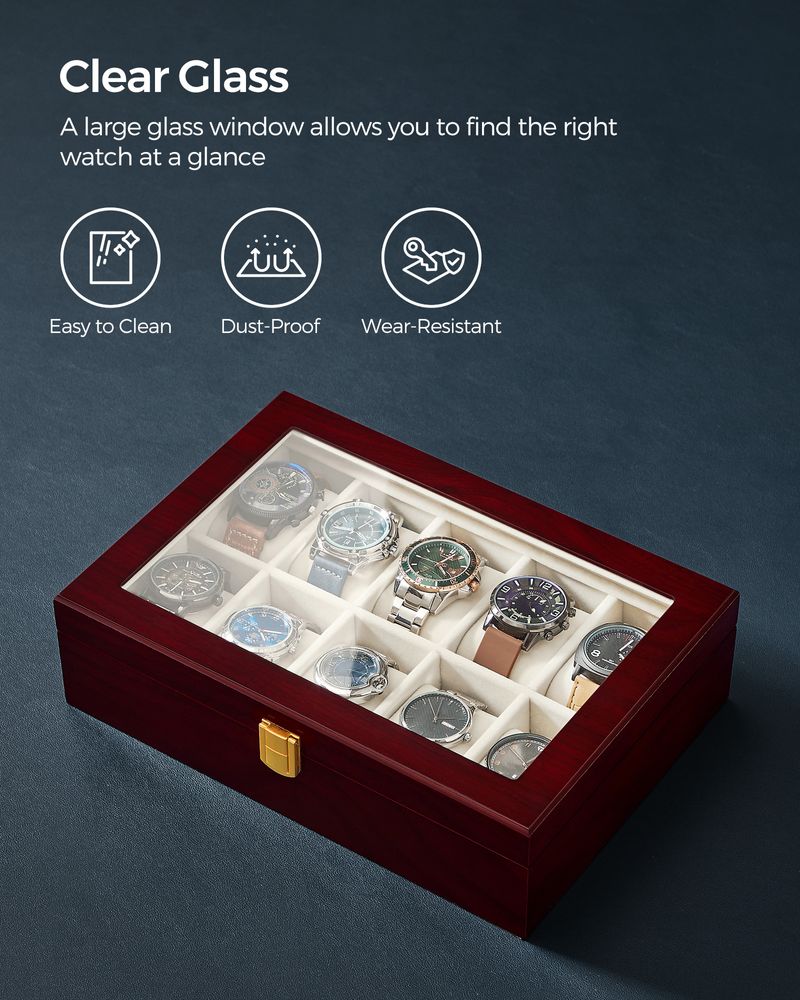 SONGMICS 10-Slot Watch Case with Large Glass Lid