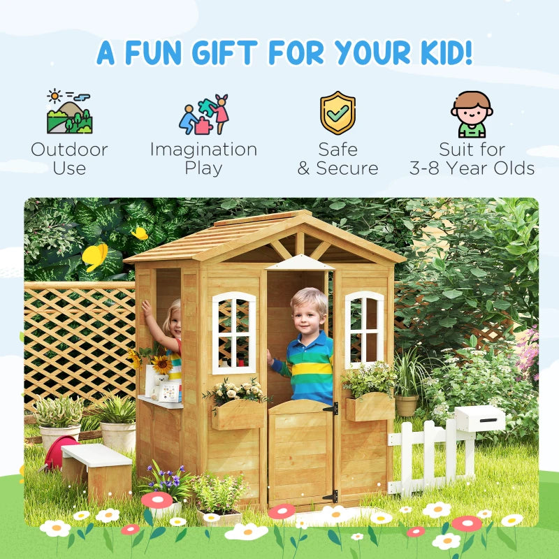 Outsunny Wooden Kids Playhouse – Yellow with Door, Windows, Mailbox, Flower Pot Holder & Serving Station Bench