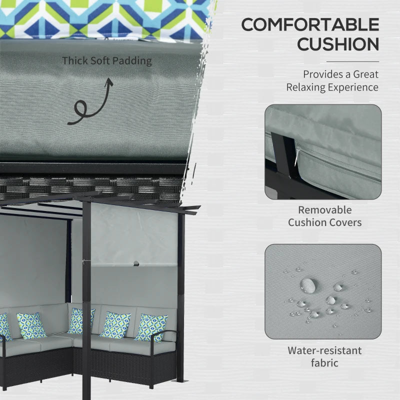 Outsunny Wicker Patio Furniture, Outdoor PE Rattan Sofa Set with Retractable Canopy Pergola, Shade Shelter for Deck, Pool, Garden, Terrace, Grey