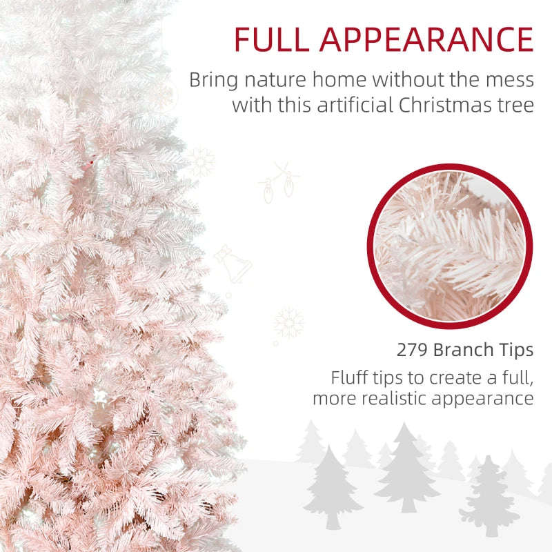 HOMCOM Pencil Artificial Christmas Tree with Pine Realistic Branches, Auto Open, Pink and White
