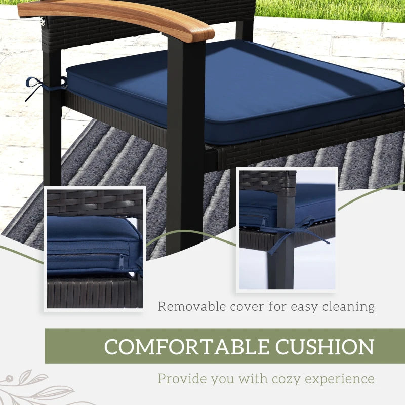 Outsunny Outdoor Dining Set 7 Pcs Space-Saving PE Rattan Patio Table and Chairs w/ Acacia Wood Table Top Soft Cushions, Black