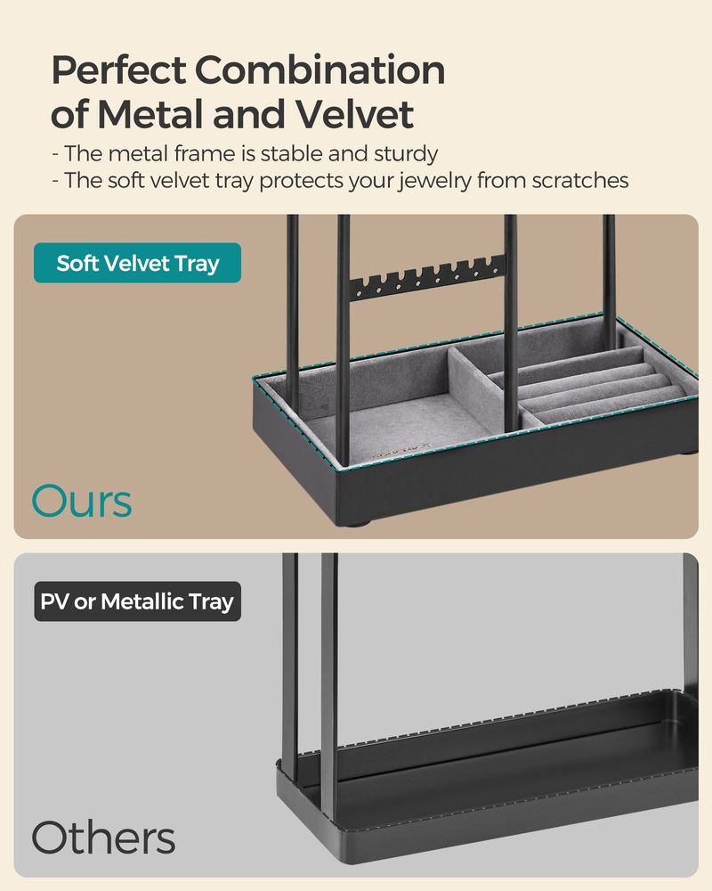 SONGMICS Jewelry Holder with Metal Frame and Velvet Tray