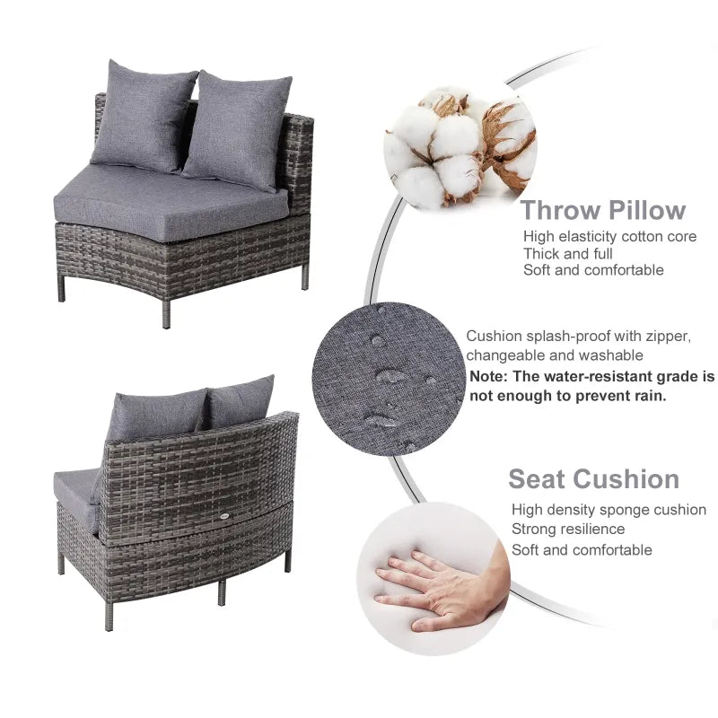 Outsunny 5PC Patio Furniture Set Outdoor Garden Rattan Wicker Sofa Cushioned Half-Moon Seat Deck with Pillow, Table, Grey