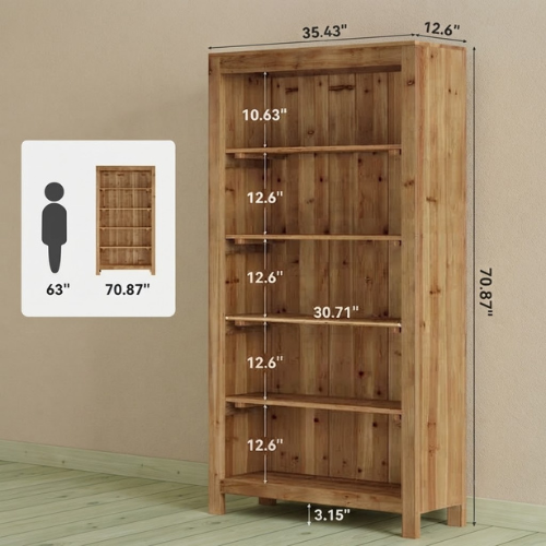 70.87" 6-Tier Solid Wood Bookshelf, 35.43" Wide Freestanding Bookcase with Rustic Walnut Finish