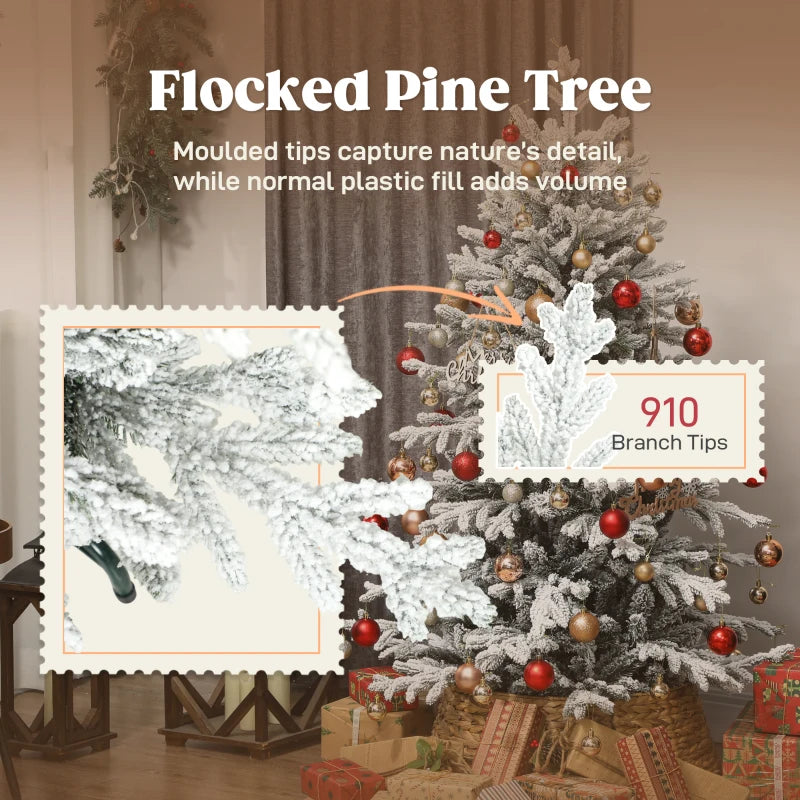 HOMCOM 7FT Artificial Flocked Christmas Tree, Full Snow-Covered Pine Xmas Tree with Realistic Tips, Hinged Branches, and Metal Stand