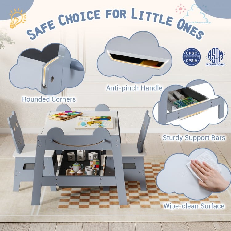 5-in-1 Toddler Table and 2 Chairs Cute Art Desk Set with Reversible Chalkboard Whiteboard-Grey