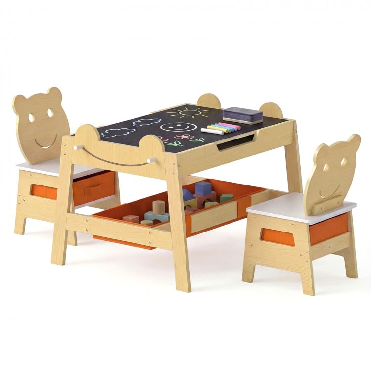 5-in-1 Toddler Table and 2 Chairs Cute Art Desk Set with Reversible Chalkboard Whiteboard-Natural