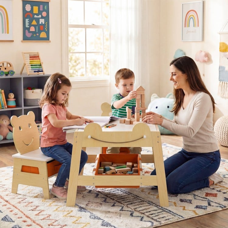 5-in-1 Toddler Table and 2 Chairs Cute Art Desk Set with Reversible Chalkboard Whiteboard-Natural