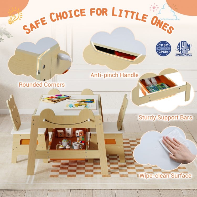 5-in-1 Toddler Table and 2 Chairs Cute Art Desk Set with Reversible Chalkboard Whiteboard-Natural