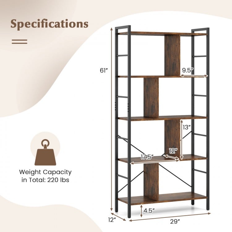 5-tier Bookcase 61 Inch Tall Industrial Bookshelf with Metal Frame