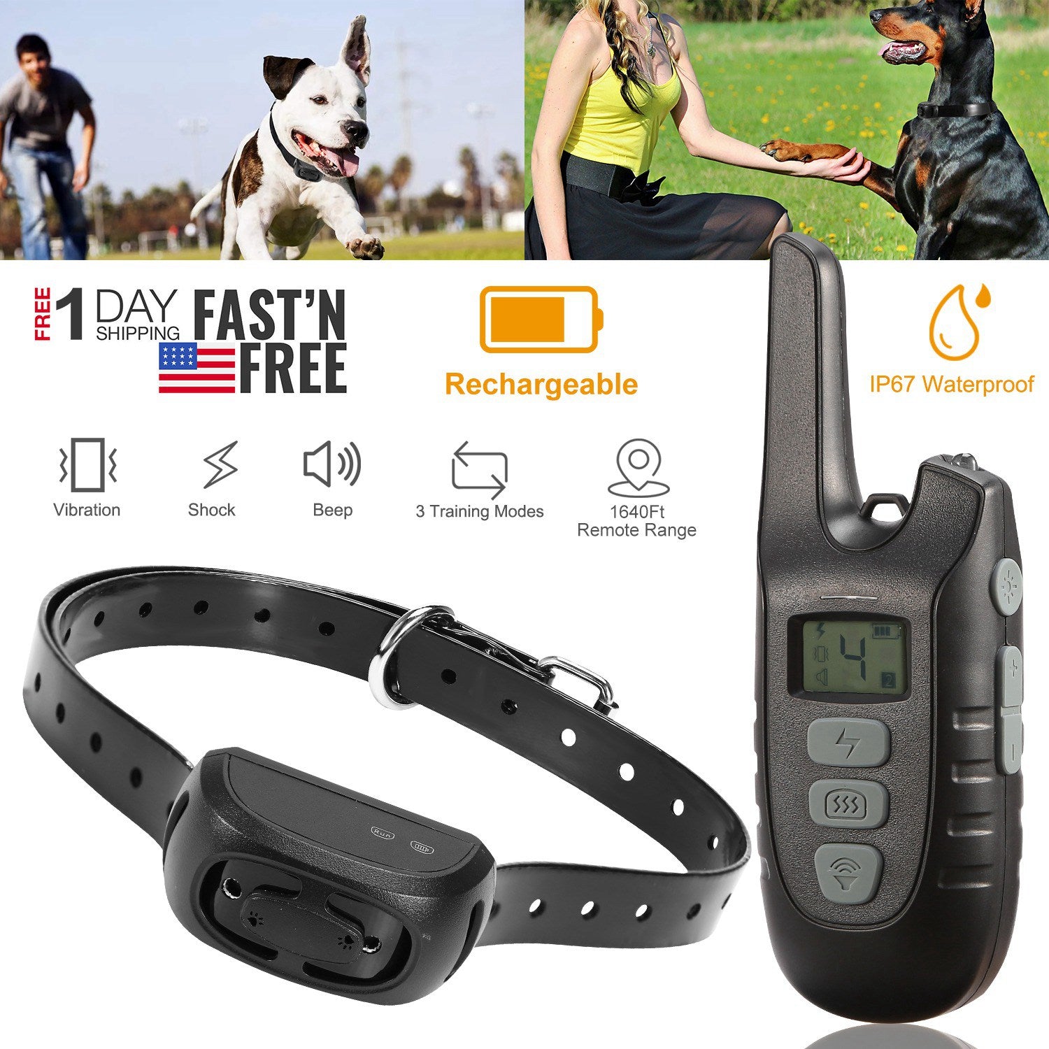 Dog Training Collar IP67 Waterproof Rechargeable Dog Shock Collar w/ 1640FT Remote Range Beep Vibration Shock 3 Training Modes