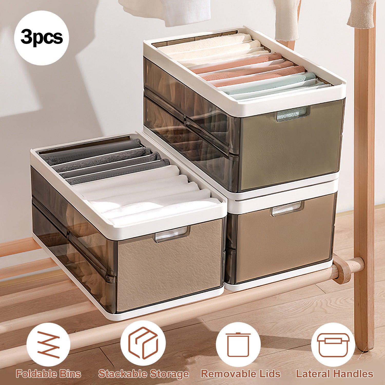 3 Pack Foldable Storage Bin with Lid Stackable Plastic Closet Organizer with Handle Divider Collapsible Drawer Organizer for Toys Clothes