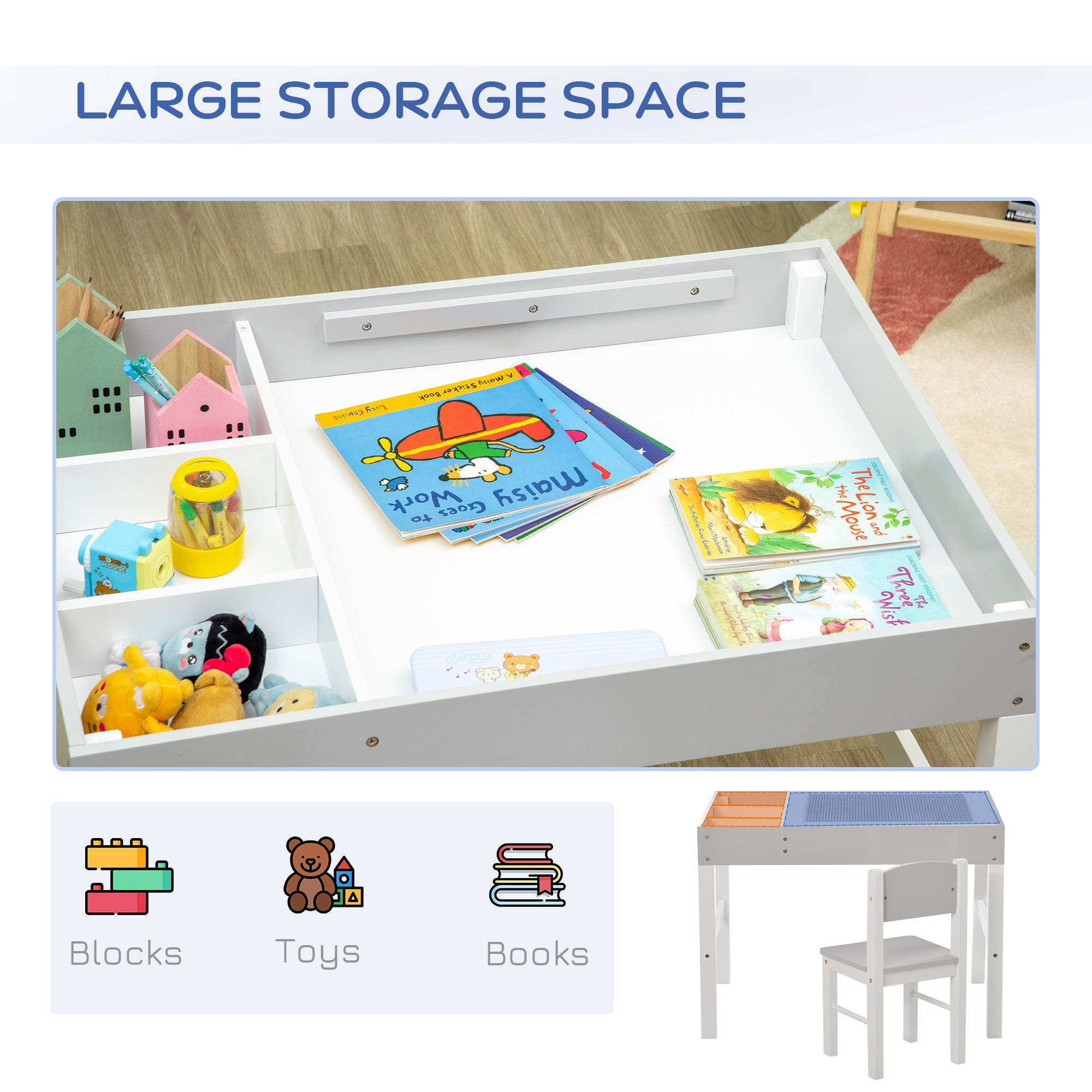 Qaba Kids Table Set with Building Block Desktop: 2-Piece Toddler Set, Multiple Storage Spaces