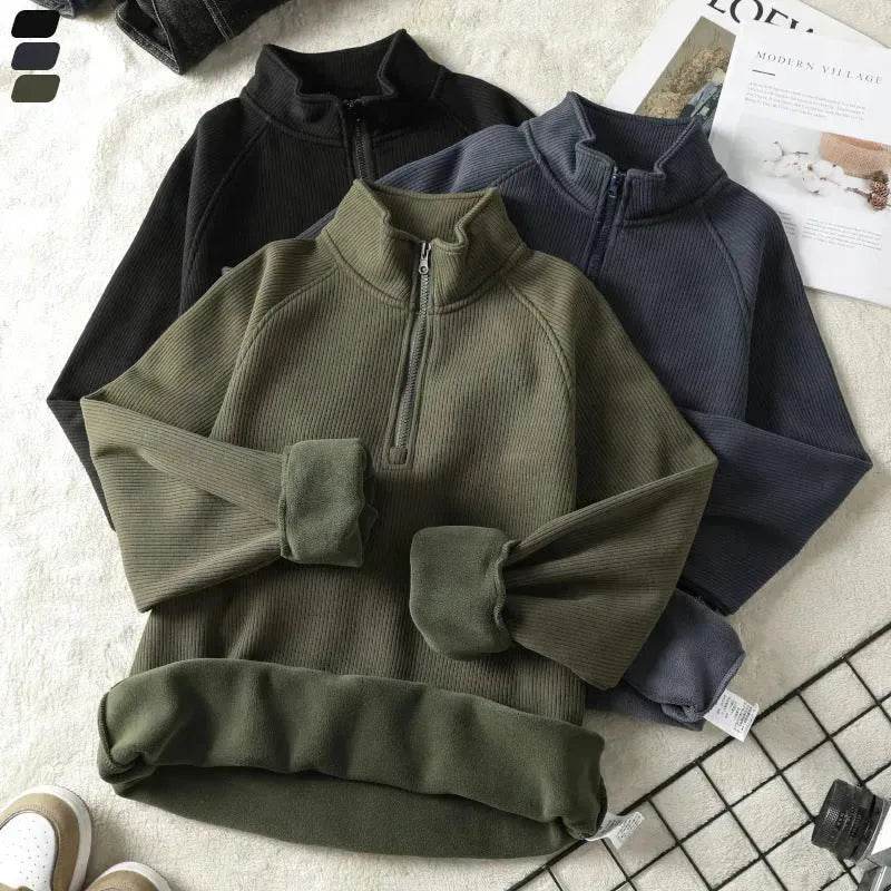 Autumn Winter half zip Stand-collar Fleece Sweatshirt Pullover tops for men