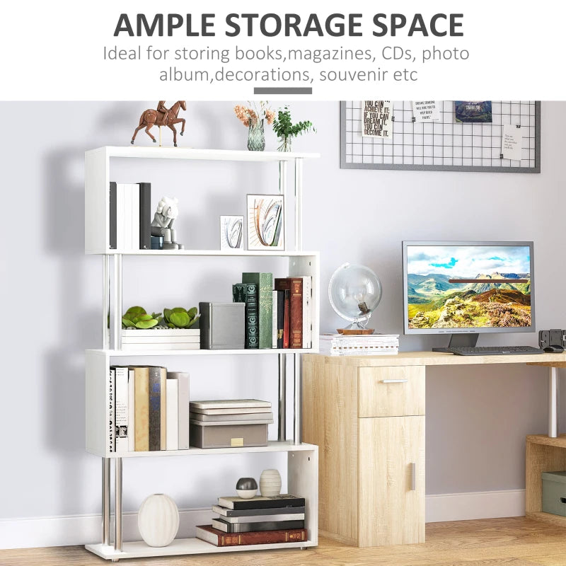 5-Tiers Geometric Wooden Bookcase S-Shaped Storage Bookshelf Display with Metal Frame for Living Room, Bedroom, Home Office, White