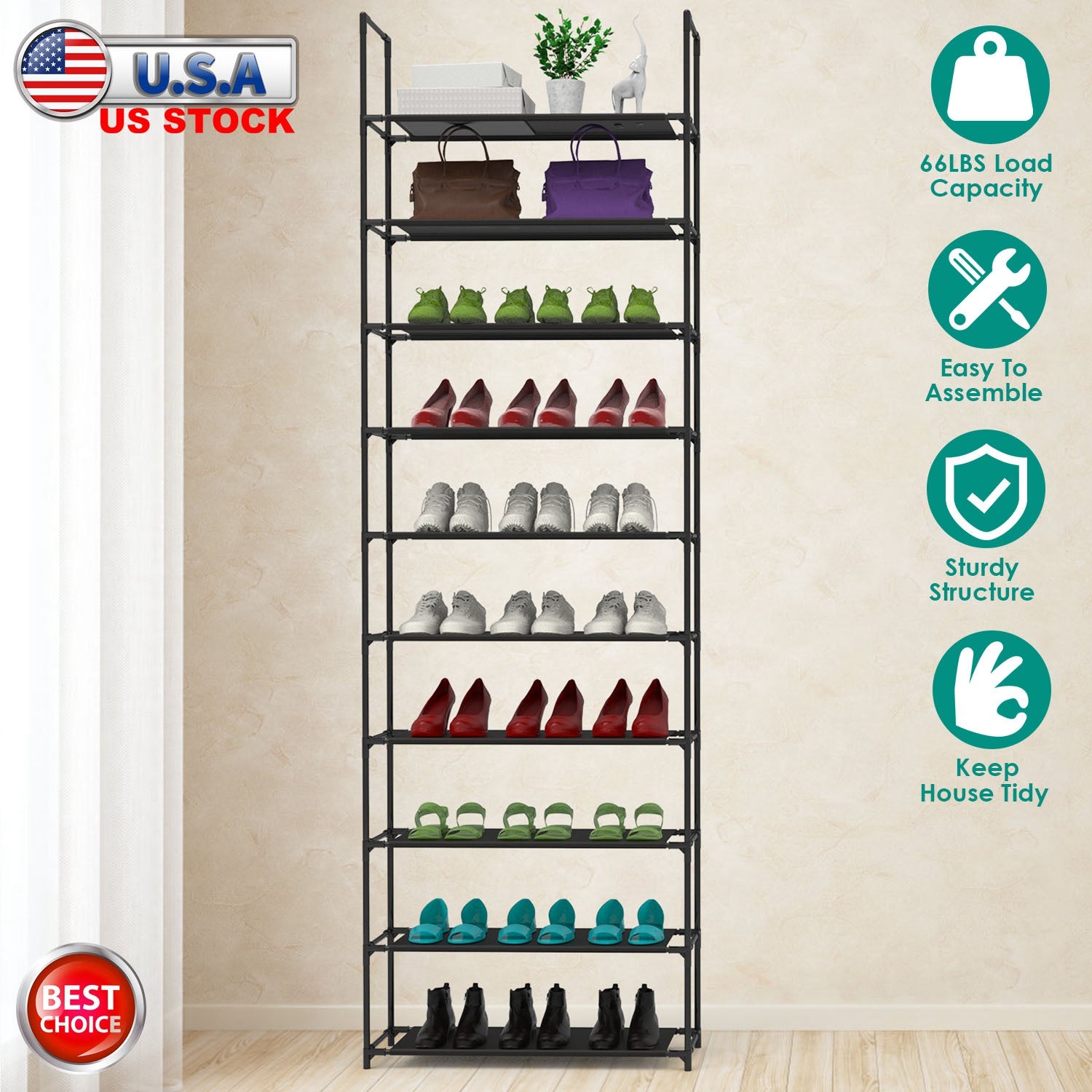 10 Tiers Shoe Rack Space-Saving 25-30Pairs Tall Shoe Shelf 23.03x10.82x72.83Inches Non-Woven Fabric Vertical Shoe Organizer For Hallway Entryway Close