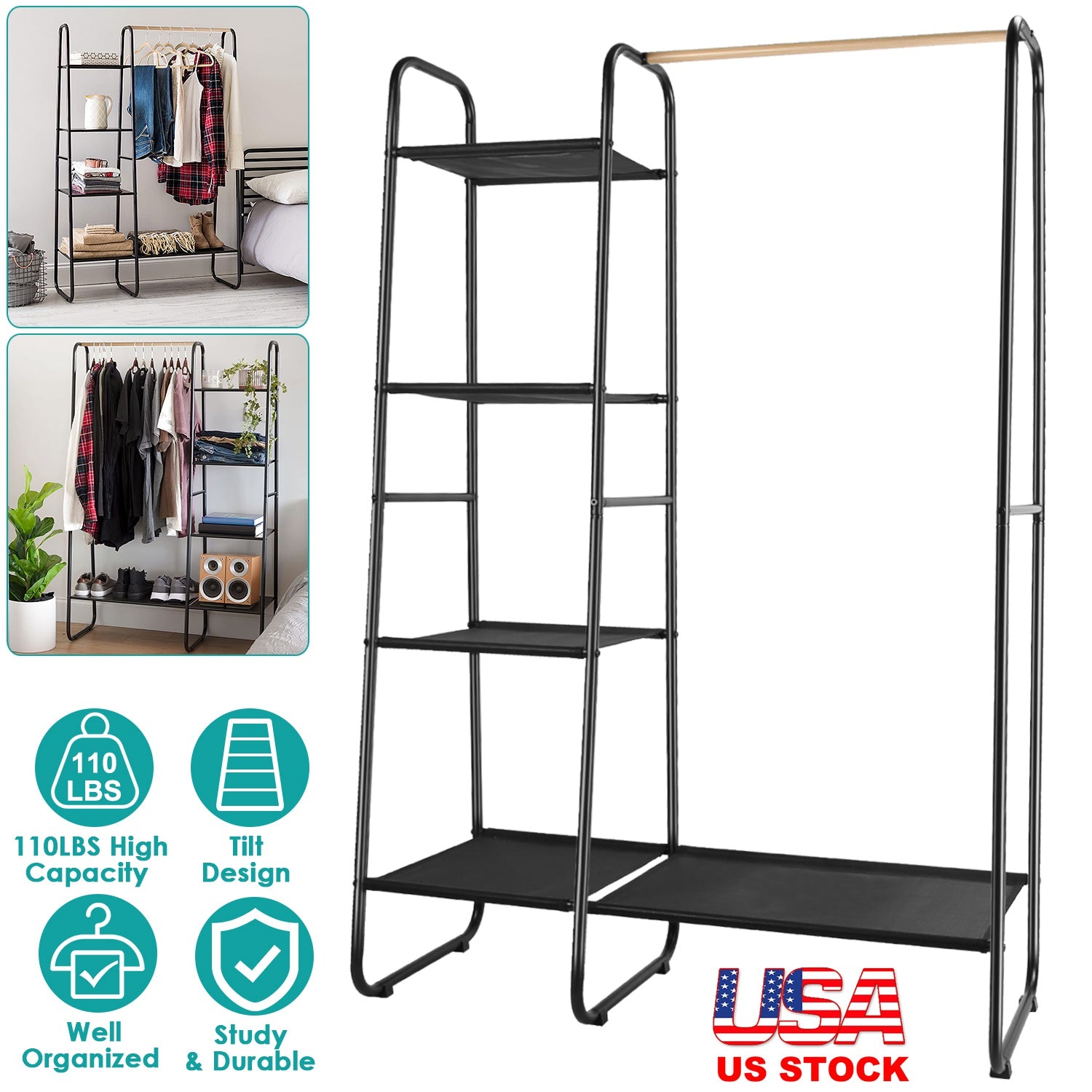 Metal Garment Hanging Rack Shoe Clothing Organizer Shelves Freestanding Clothing Hanging Rail Clothes Wardrobe Shoe Display Organizer with 1 Hanging R