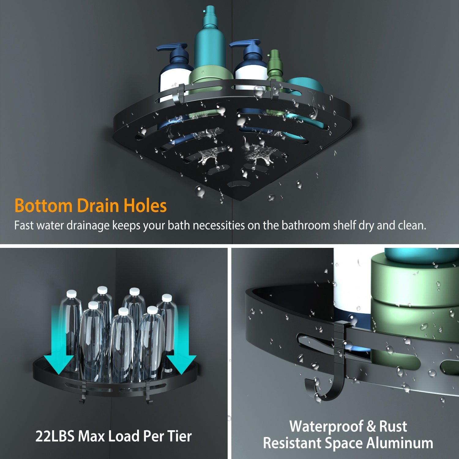 2Pcs Corner Shower Caddy Shelf Adhesive Bathroom Wall Mounted Storage Racks Aluminum No Drilling Organizers For Bathroom Toilet Kitchen Dorm