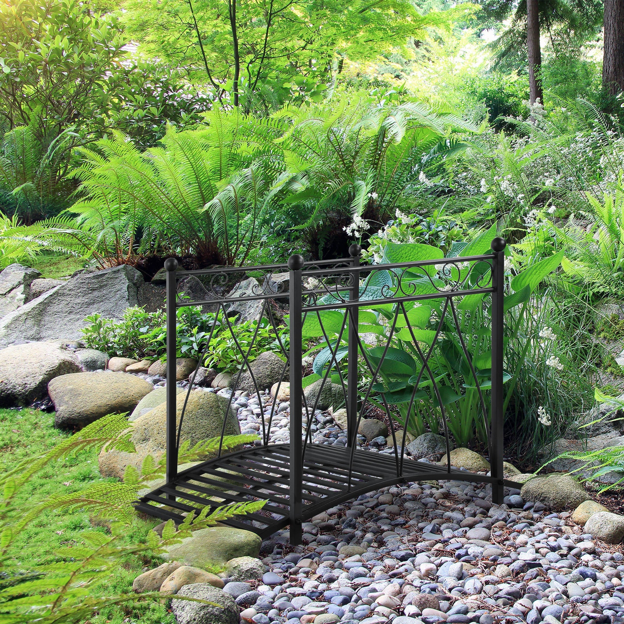 Outsunny 3.3FT Classic Wooden Garden Bridge with Safety Railings Decorative Arc Footbridge for Backyard Creek Stream Black