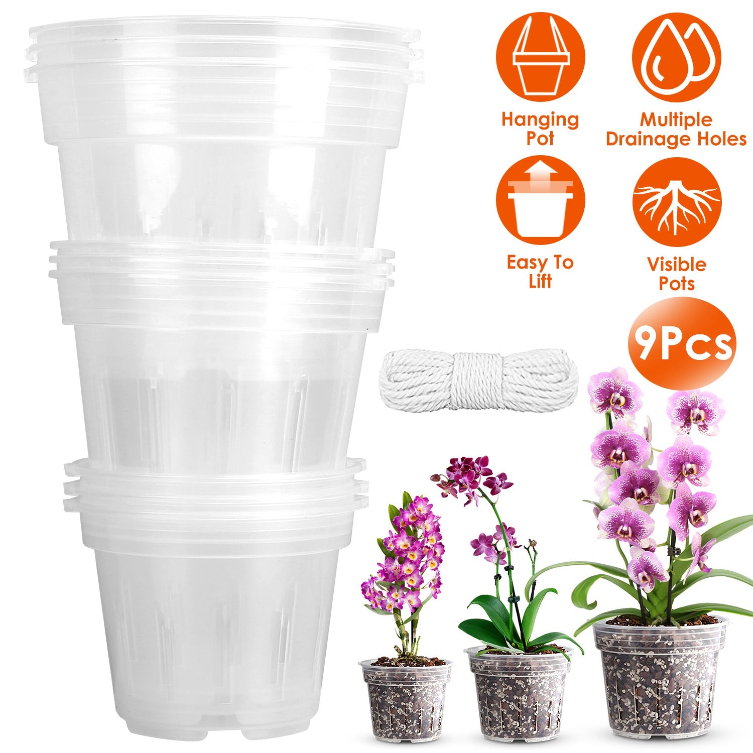 9Pcs Orchid Pots Clear Reusable Plastic Flower Plant Nursery Planter Seed Starter Pots with Drainage Holes with 32.8FT Rope 4.72in/5.51in/6.29in