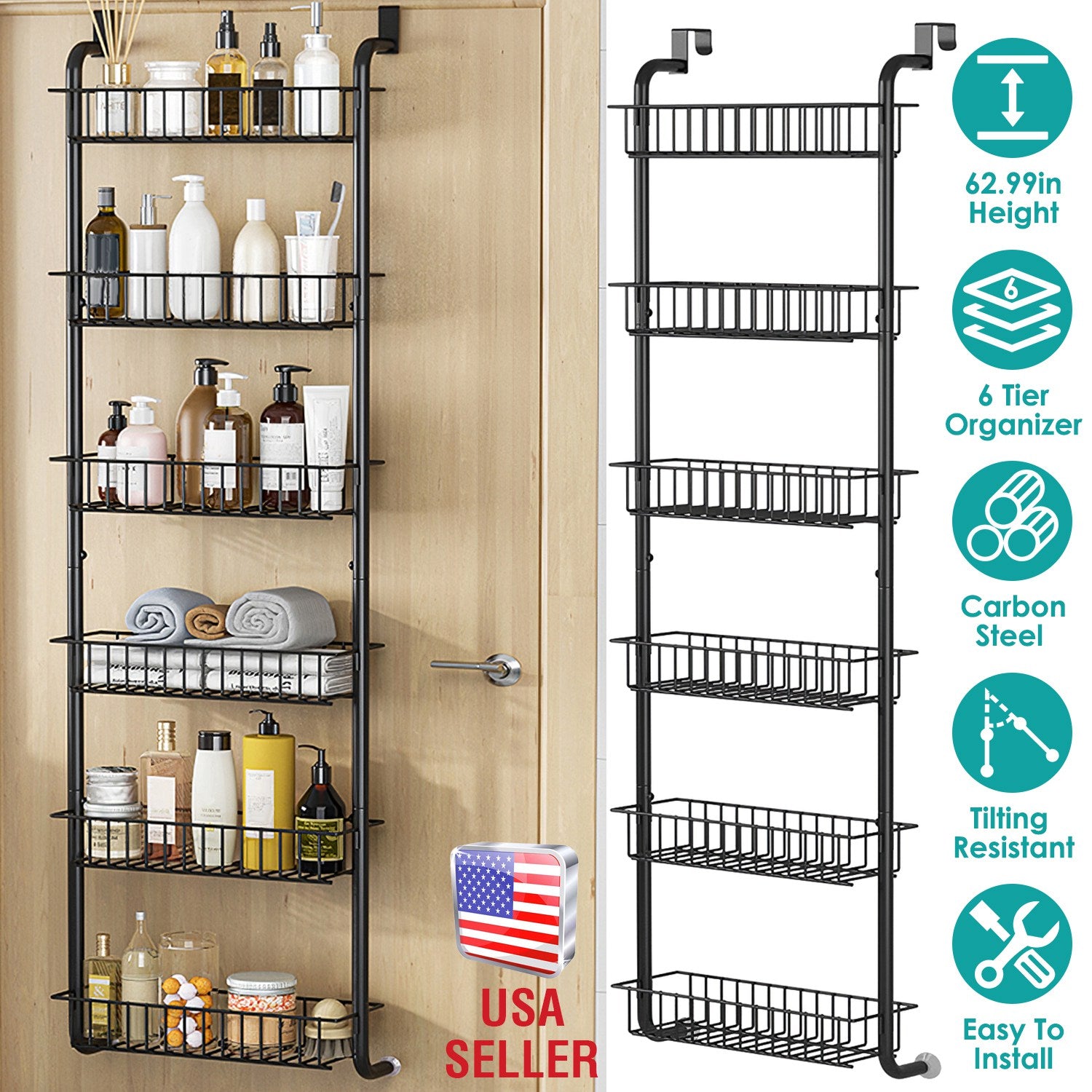 6 Tier Over Door Pantry Organizer Hanging Hooks Door Storage Rack Carbon Steel Basket 62.99in Over Door Shelf for Kitchen Bathroom