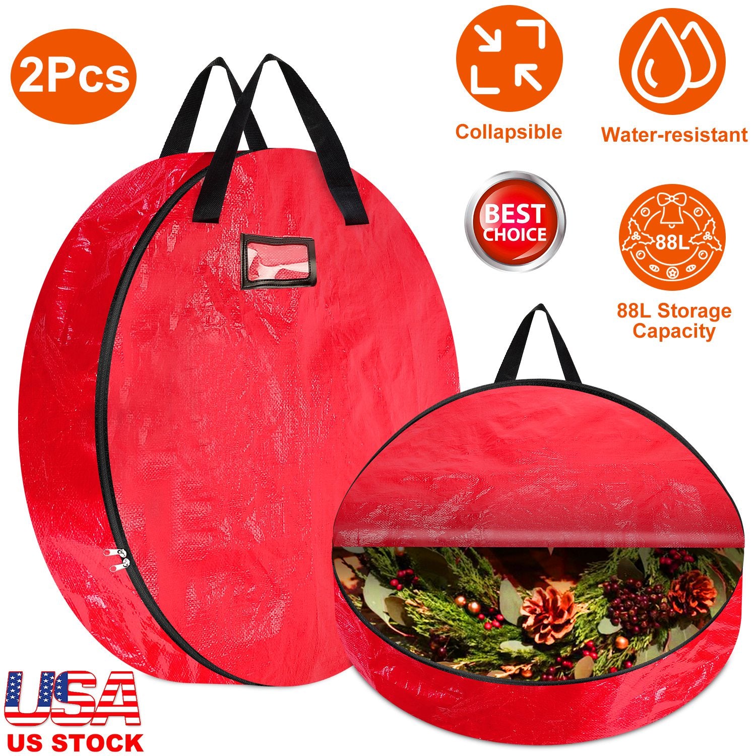 2Pcs ?30in Christmas Wreath Storage Bag 88L Water-resistant Foldable Wreath Container Bag w/ Handles Card Slot