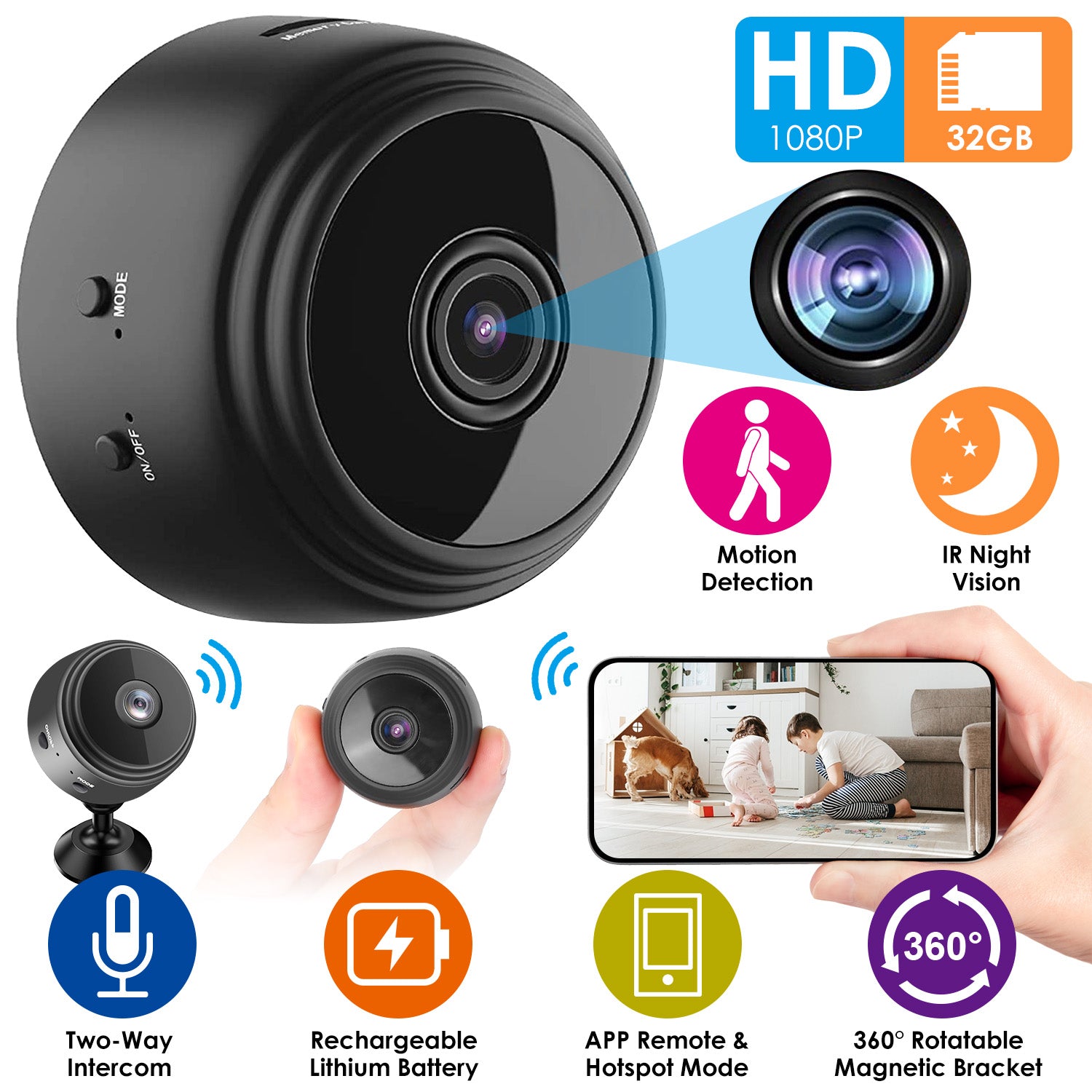 Mini Camera Wireless Wifi IP Home Security Cam 1080P Full HD Surveillance Camera Nanny Cam w/ 32G MMC Card