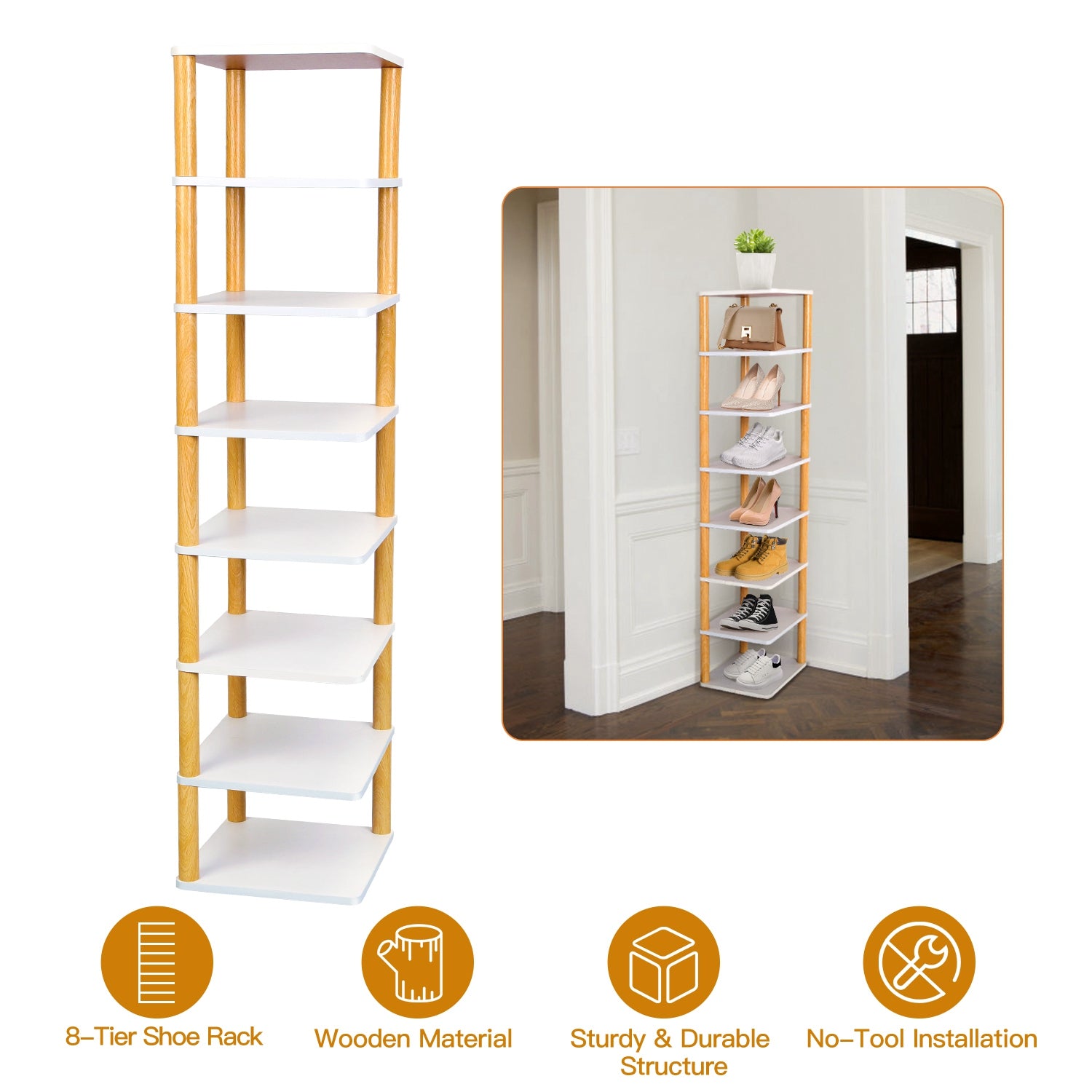 8 Tier Entryway Wooden Shoe Rack Vertical Shoe Shelf Stand Storage Organizer Small Space Saving Corner Shoe Tower Entryway Hallway Closet